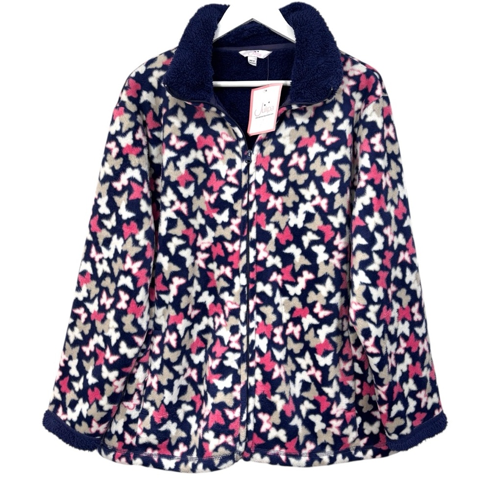 Julipa Butterfly Fleece Navy Blue Pink Jacket Women's Size 16 NWT
